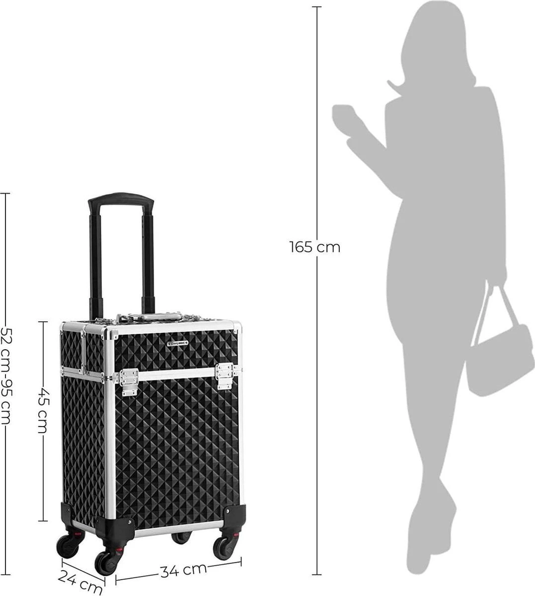 Cosmetische Koffer, Trolley, Make-up Case Met Handvat, 4 Universele Wielen, 4 Uitschuifbare Dienbladen, Make-up Tas, Voor Reizen, Zwart 8 Cosmetische Koffer, Trolley, Make-up Case Met Handvat, 4 Universele Wielen, 4 Uitschuifbare Dienbladen, Make-up Tas, Voor Reizen, Zwart - Afbeelding 8