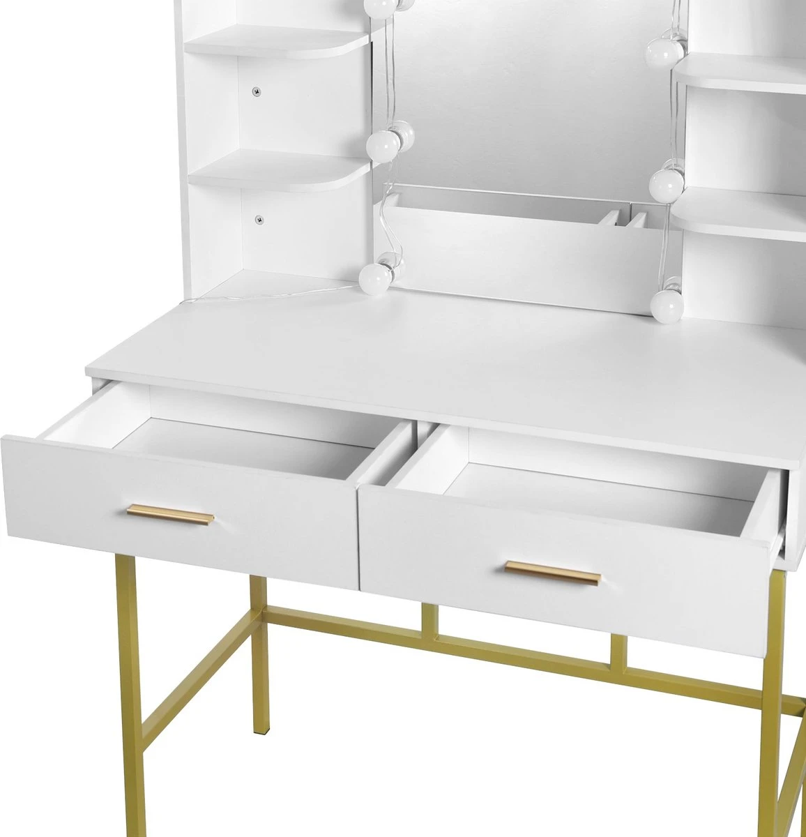 Hollywood Make Up Spiegel & Tafel - Met LED Verlichting - 2 Lades - Wit 3 Hollywood Make Up Spiegel & Tafel - Met LED Verlichting - 2 Lades - Wit - Afbeelding 3