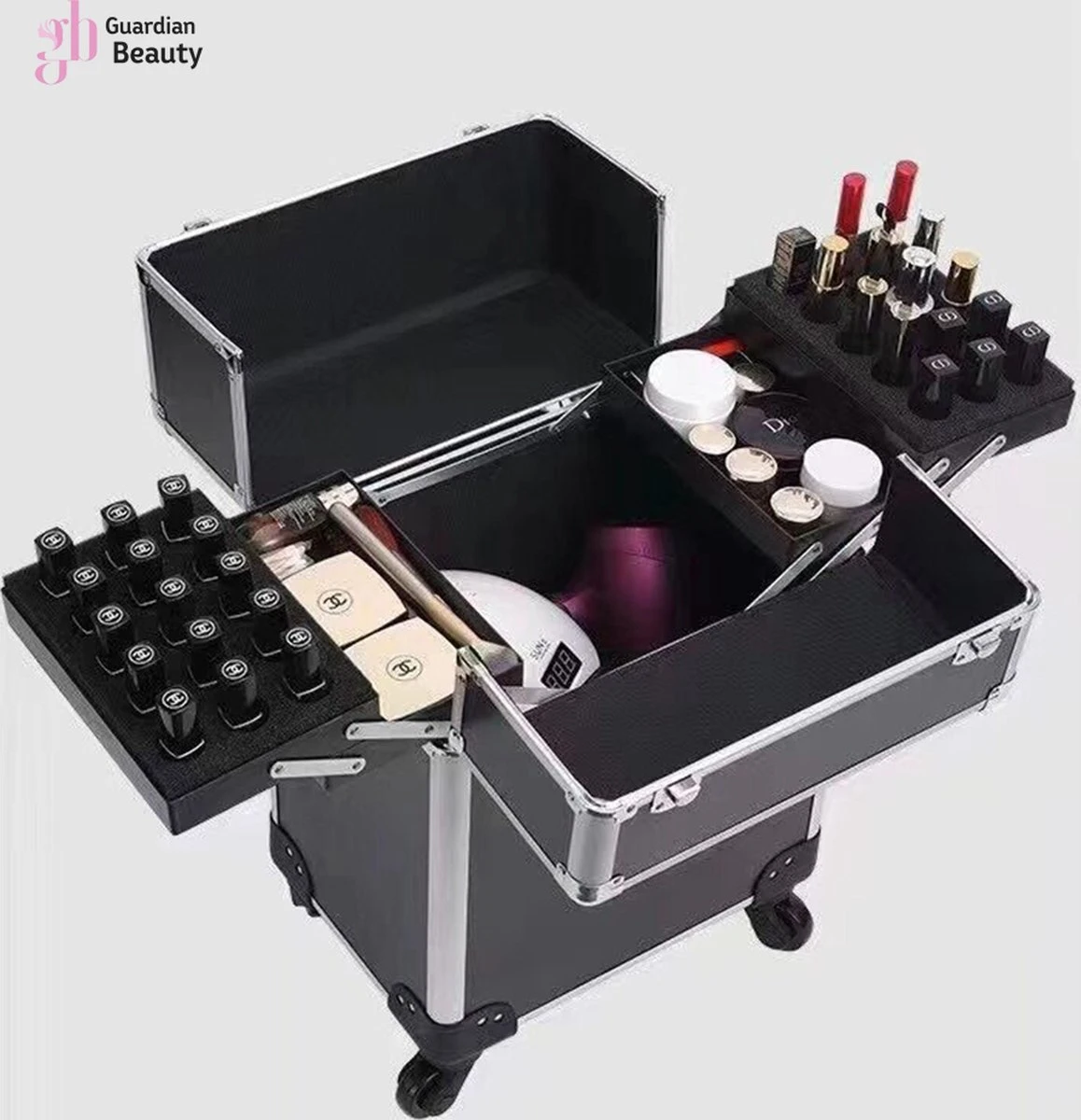 Kapper Koffer| Nagel | Visagist | Make-up | Cosmetica | Schminken | Trolley Stevig En Gemaakt Van Aluminium | 3 Delig | 8 Wielen | Bedekt Met Mooie Zilver Strips 5 Kapper Koffer| Nagel | Visagist | Make-up | Cosmetica | Schminken | Trolley Stevig En Gemaakt Van Aluminium | 3 Delig | 8 Wielen | Bedekt Met Mooie Zilver Strips - Afbeelding 5