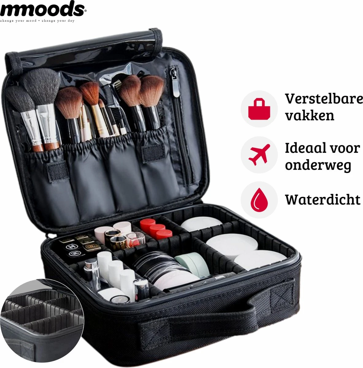 Mmoods Make-up Koffer – Make Up Tas Reizen – Makeup Organizer Verstelbaar -Beautycase Waterdicht – Make-up Tasje Voor Onderweg – Toilettas Voor Cosmetica Zwart 1 Mmoods Make-up Koffer – Make Up Tas Reizen – Makeup Organizer Verstelbaar -Beautycase Waterdicht – Make-up Tasje Voor Onderweg – Toilettas Voor Cosmetica Zwart