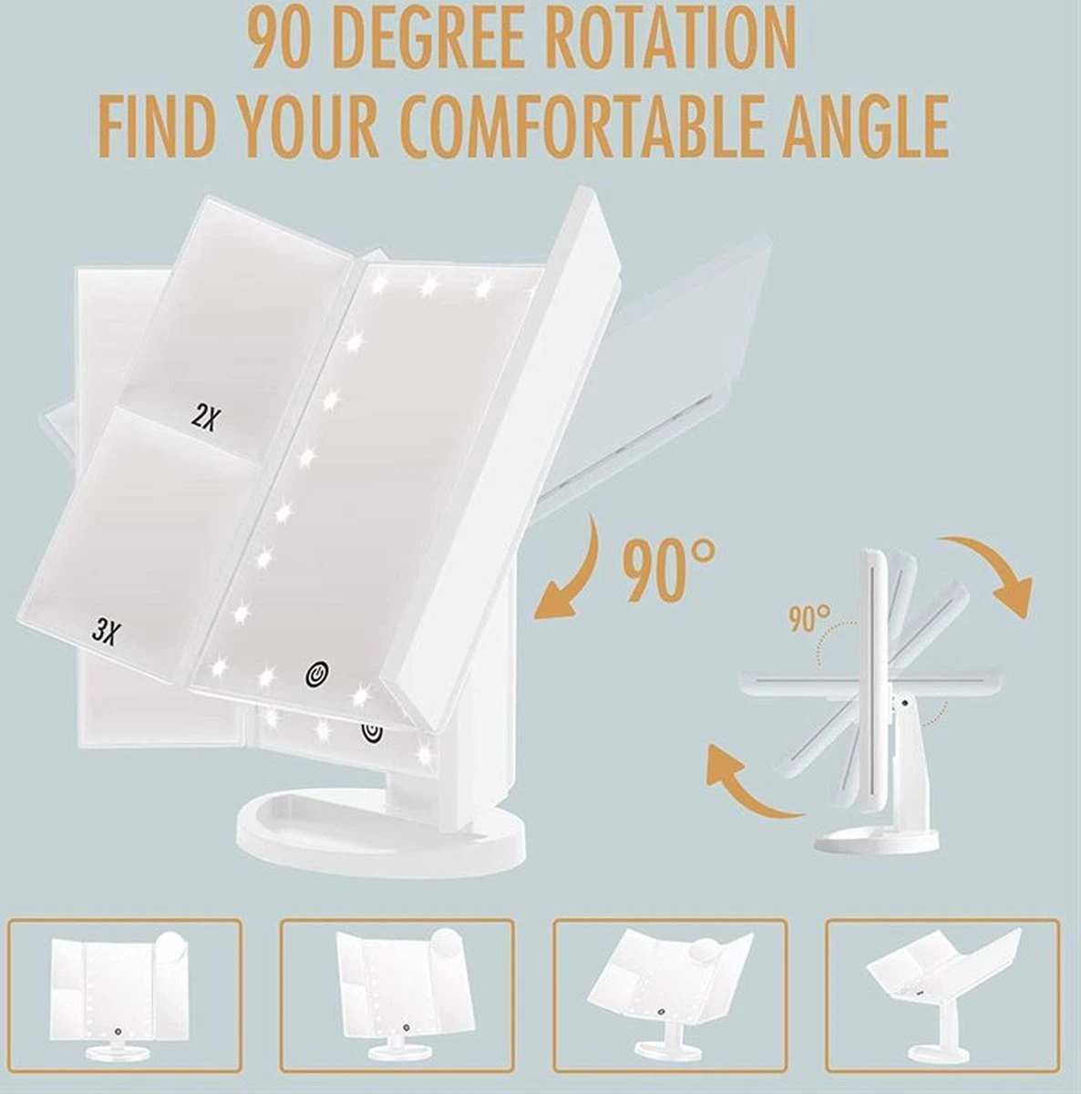 UNIQ Trifold Make Up Spiegel Met LED Verlichting En 2 Vergrootspiegels - Staande Spiegel - 21 LED-lampjes - Op Batterijen En USB (kabel Incl) - Wit 4 UNIQ Trifold Make Up Spiegel Met LED Verlichting En 2 Vergrootspiegels - Staande Spiegel - 21 LED-lampjes - Op Batterijen En USB (kabel Incl) - Wit - Afbeelding 4