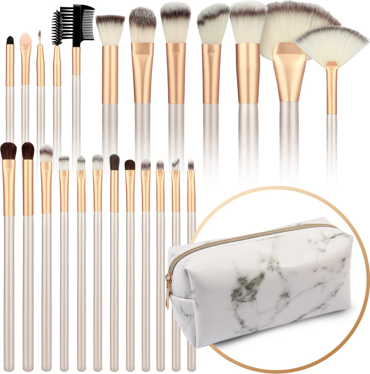 Evvie 24-delige Make-up Kwastenset - Beige/Goud - In Etui Marble 1 Evvie 24-delige Make-up Kwastenset - Beige/Goud - In Etui Marble