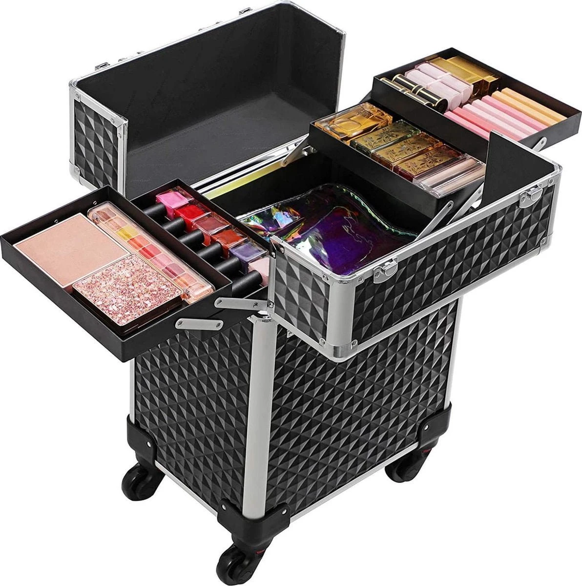 Cosmetische Koffer, Trolley, Make-up Case Met Handvat, 4 Universele Wielen, 4 Uitschuifbare Dienbladen, Make-up Tas, Voor Reizen, Zwart 3 Cosmetische Koffer, Trolley, Make-up Case Met Handvat, 4 Universele Wielen, 4 Uitschuifbare Dienbladen, Make-up Tas, Voor Reizen, Zwart - Afbeelding 3