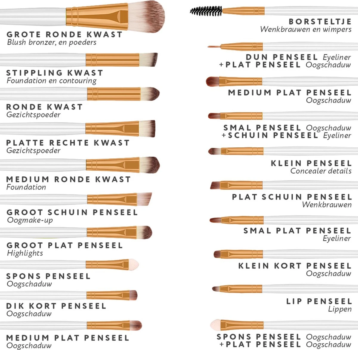 Evvie 20-delige Make-up Kwasten Set - Wit Goud 6 Evvie 20-delige Make-up Kwasten Set - Wit Goud - Afbeelding 6