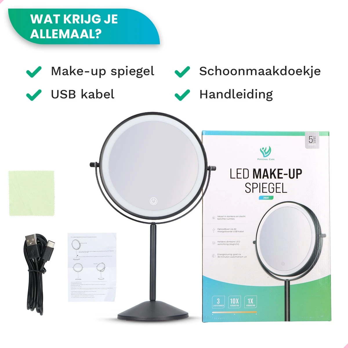 Personal Care Make Up Spiegel Met LED Verlichting - 10x Vergroting – Scheerspiegel - 3 Lichtstanden - Oplaadbaar - Zwart 4 Personal Care Make Up Spiegel Met LED Verlichting - 10x Vergroting – Scheerspiegel - 3 Lichtstanden - Oplaadbaar - Zwart - Afbeelding 4