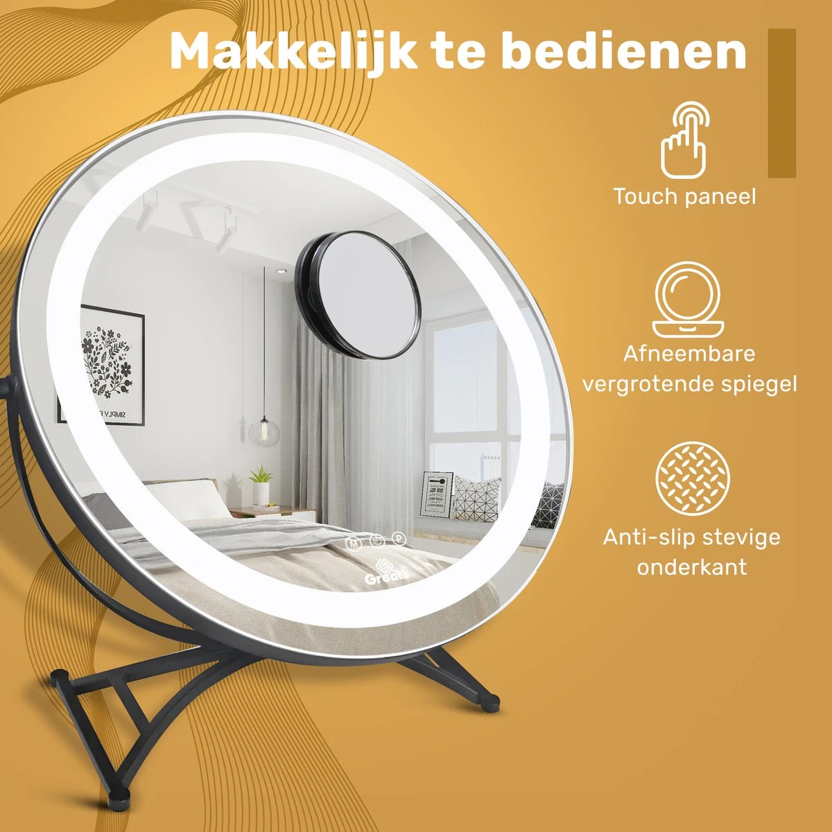 Great's® Make Up Spiegel Met LED Verlichting - ⌀ 40cm - Visagie Spiegel Rond - Extra Close Up Spiegeltje 10x - Zwart 3 Great's® Make Up Spiegel Met LED Verlichting - ⌀ 40cm - Visagie Spiegel Rond - Extra Close Up Spiegeltje 10x - Zwart - Afbeelding 3