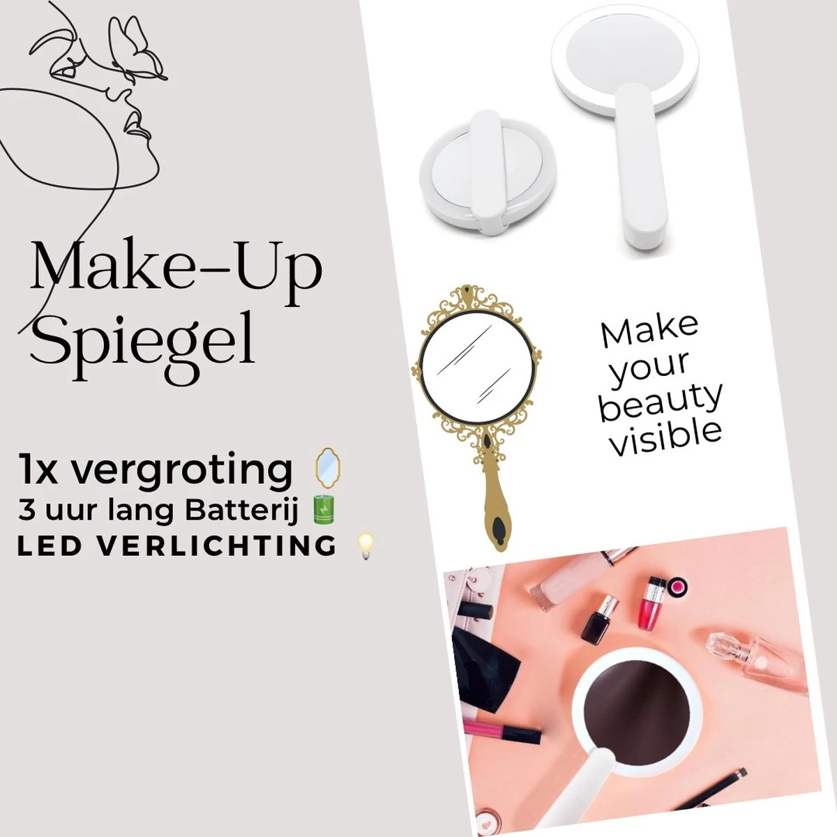 Merkloos Make Up Spiegel Met Led Verlichting - Verzorging Spiegel - Luxe Handspiegel - Zakspiegel - Sterke Handvat -Wit 3 Merkloos Make Up Spiegel Met Led Verlichting - Verzorging Spiegel - Luxe Handspiegel - Zakspiegel - Sterke Handvat -Wit - Afbeelding 3