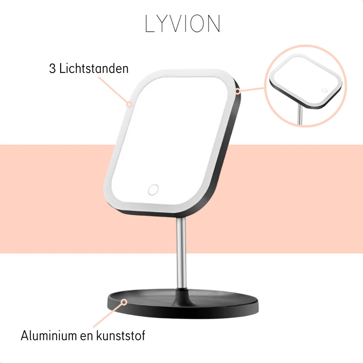 LYVION Make-up Spiegel Op Standaard Met LED / Met 3 Lichtkleuren / Make-up Spiegel / Make-up Standaard / Werkt Op 4 AAA-batterijen Of Micro USB Kabel / Touch - Zwart 4 LYVION Make-up Spiegel Op Standaard Met LED / Met 3 Lichtkleuren / Make-up Spiegel / Make-up Standaard / Werkt Op 4 AAA-batterijen Of Micro USB Kabel / Touch - Zwart - Afbeelding 4