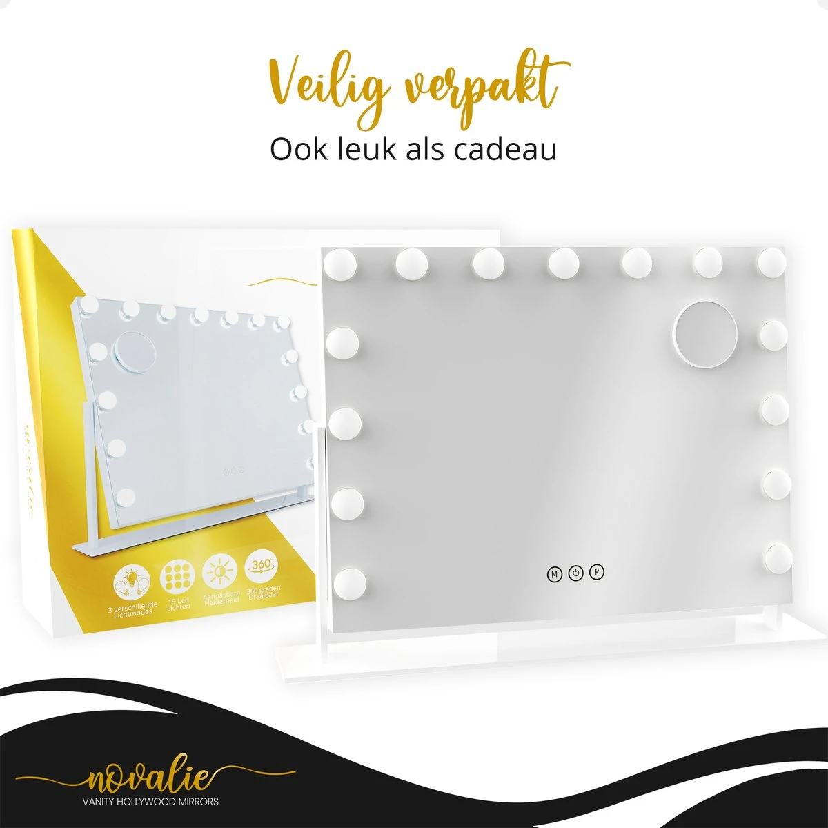 Novalie Hollywood Spiegel Met Verlichting - 65 Cm X 50 Cm - Make Up Spiegel Met Led Lampen – Visagie – Dimbaar / 3 Lichtstanden – Voor Hem / Haar Cadeau – 10x Vergroting – Met Tru-Daylight Verlichting – Wit 3 Novalie Hollywood Spiegel Met Verlichting - 65 Cm X 50 Cm - Make Up Spiegel Met Led Lampen – Visagie – Dimbaar / 3 Lichtstanden – Voor Hem / Haar Cadeau – 10x Vergroting – Met Tru-Daylight Verlichting – Wit - Afbeelding 3
