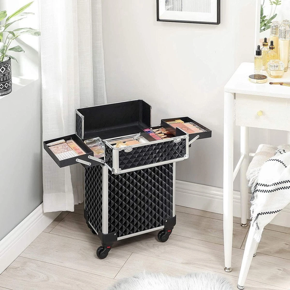 Cosmetische Koffer, Trolley, Make-up Case Met Handvat, 4 Universele Wielen, 4 Uitschuifbare Dienbladen, Make-up Tas, Voor Reizen, Zwart 2 Cosmetische Koffer, Trolley, Make-up Case Met Handvat, 4 Universele Wielen, 4 Uitschuifbare Dienbladen, Make-up Tas, Voor Reizen, Zwart - Afbeelding 2