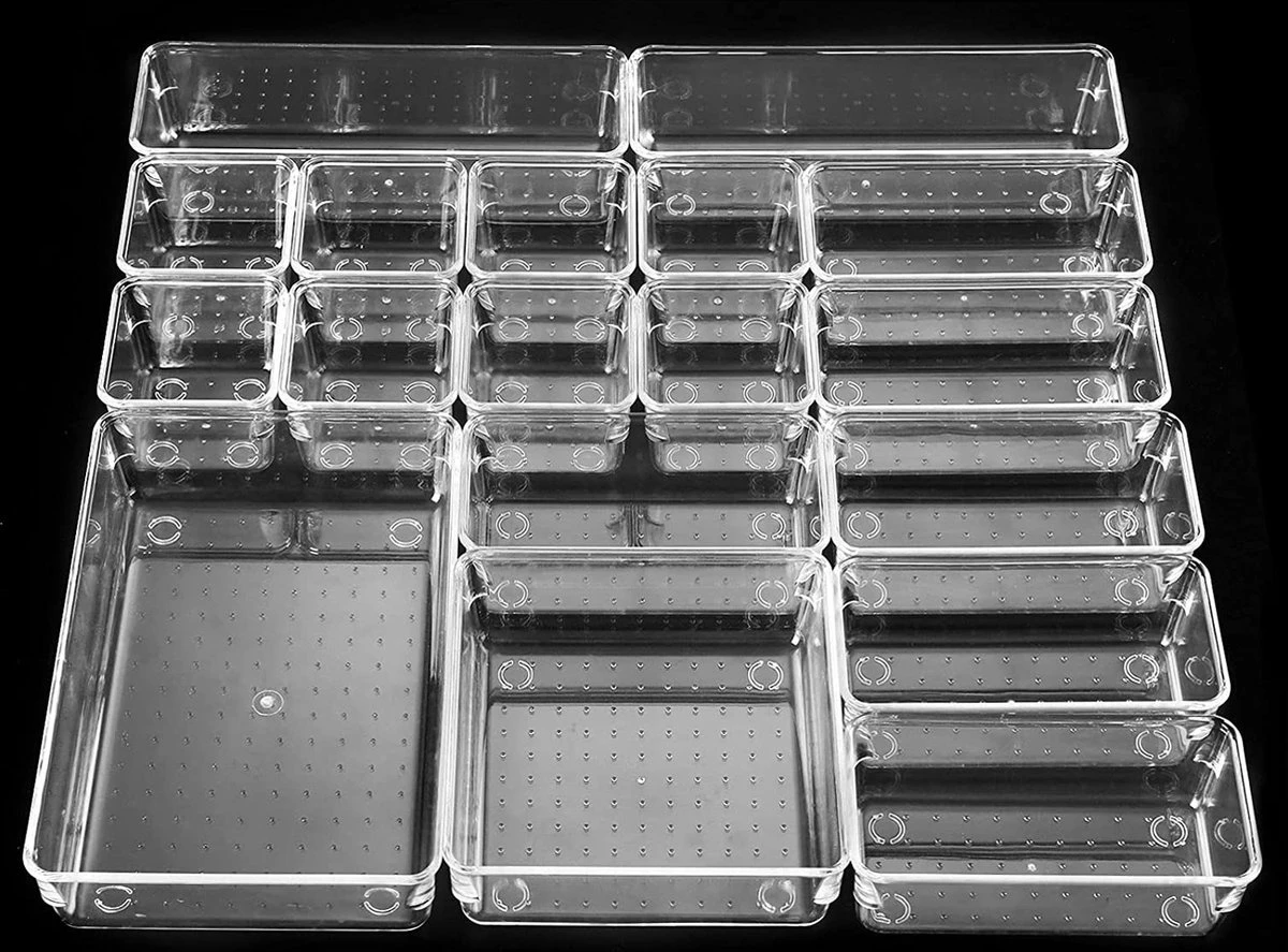 Aokyom Make-uporganizer, 18 Stuks, Kunststof Opbergdozen Voor Kantoor, Lades, Organizer, Lade-organizer, Doorzichtige Lade-inzet Voor Bureau, Keuken, Badkamer 1 Aokyom Make-uporganizer, 18 Stuks, Kunststof Opbergdozen Voor Kantoor, Lades, Organizer, Lade-organizer, Doorzichtige Lade-inzet Voor Bureau, Keuken, Badkamer