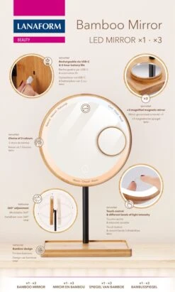 Lanaform - Bamboo Mirror - Oplaadbare Staande Spiegel ×1 · ×3 - Elegant Design Van Bamboe Met Zwarte Poedercoatingafwerking - Ledlampen Met Lange Levensduur -Cosmetica winkel 722x1200 1