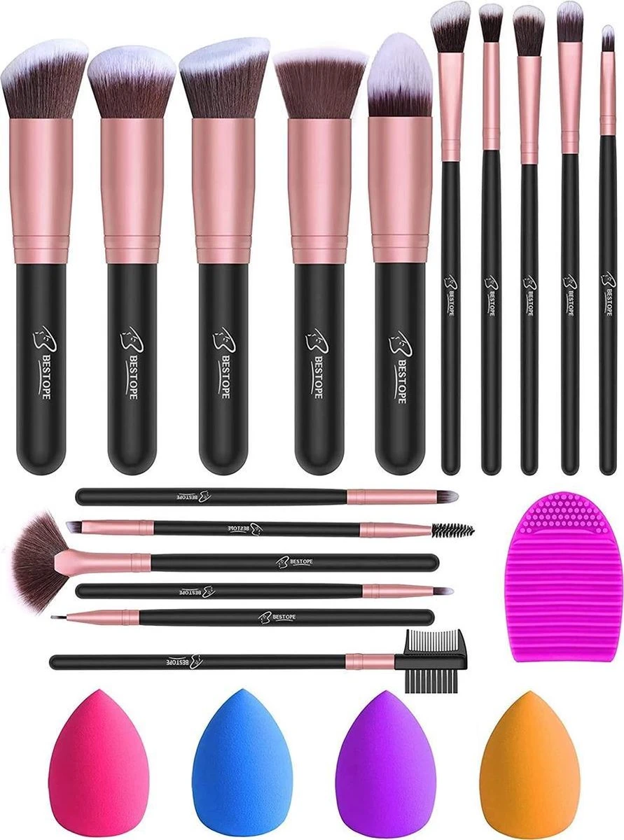 Bestope Make Up Kwasten Set Met Beauty Blenders 16 Delig - Brush Set - Kwasten Reiniger - Rosé Goud 1 Bestope Make Up Kwasten Set Met Beauty Blenders 16 Delig - Brush Set - Kwasten Reiniger - Rosé Goud