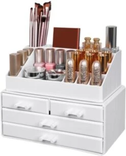 Nancy's Cutler Make-Up Organizer - Make-Up Opslag - 4 Lades - Open Vakken - Wit - Acryl - 24 X 13.5 X 18.5 Cm -Cosmetica winkel 971x1200