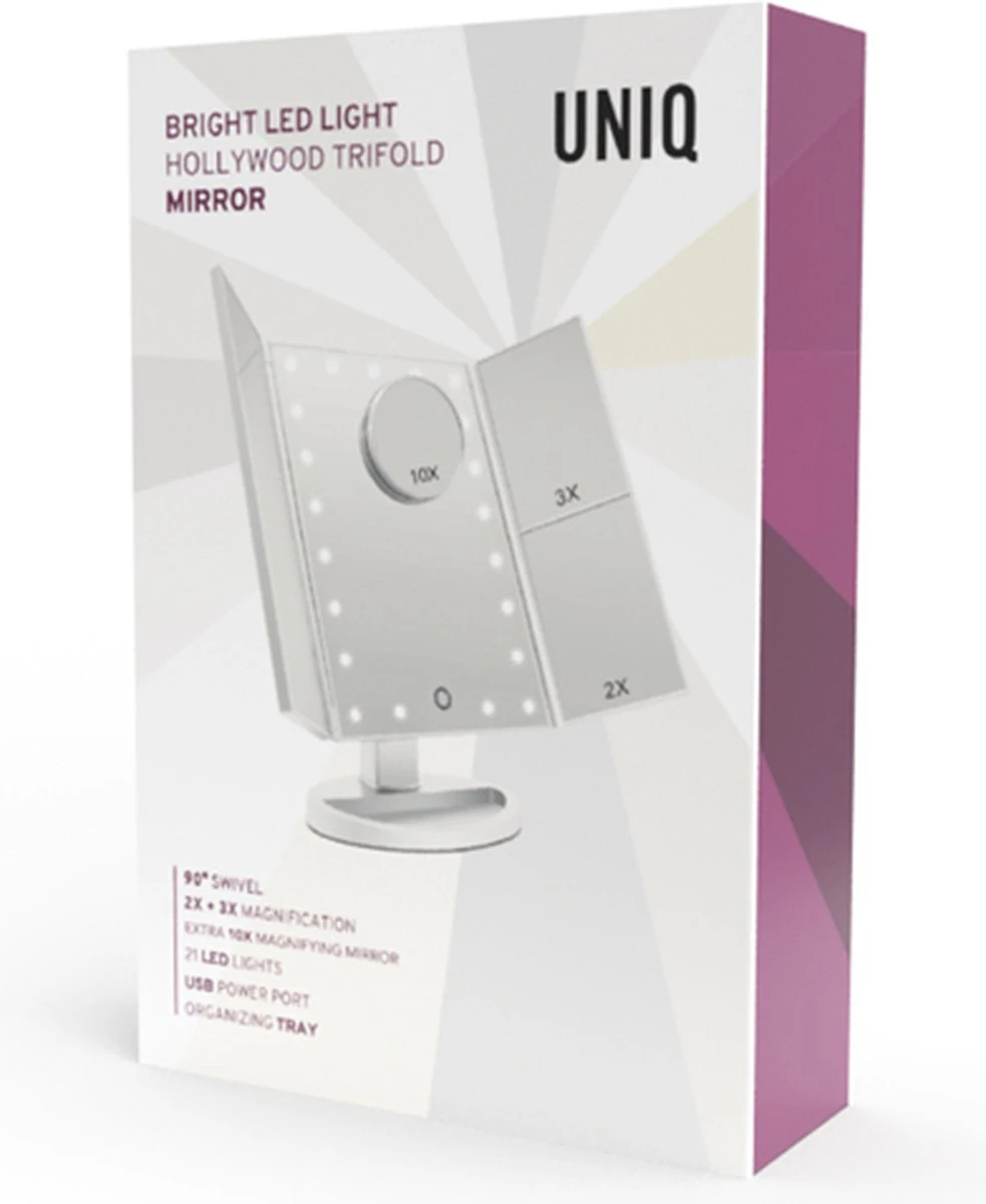 UNIQ Trifold Make Up Spiegel Met LED Verlichting En 2 Vergrootspiegels - Staande Spiegel - 21 LED-lampjes - Op Batterijen En USB (kabel Incl) - Wit 6 UNIQ Trifold Make Up Spiegel Met LED Verlichting En 2 Vergrootspiegels - Staande Spiegel - 21 LED-lampjes - Op Batterijen En USB (kabel Incl) - Wit - Afbeelding 6