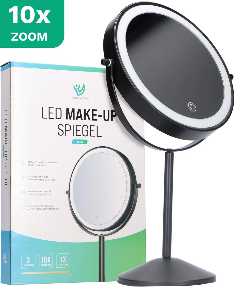 Personal Care Make Up Spiegel Met LED Verlichting - 10x Vergroting – Scheerspiegel - 3 Lichtstanden - Oplaadbaar - Zwart 1 Personal Care Make Up Spiegel Met LED Verlichting - 10x Vergroting – Scheerspiegel - 3 Lichtstanden - Oplaadbaar - Zwart
